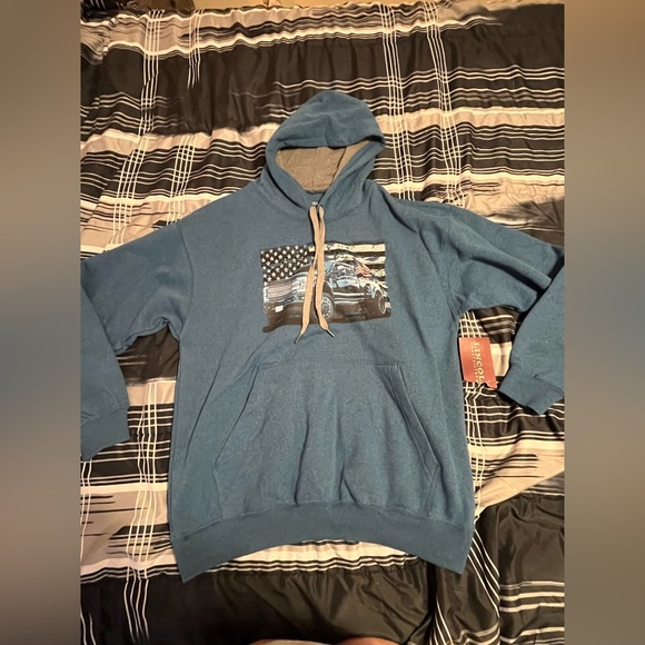 This is a size large, Lincoln Outfitters blue truck and flag hoodie - Picture 2 of 4